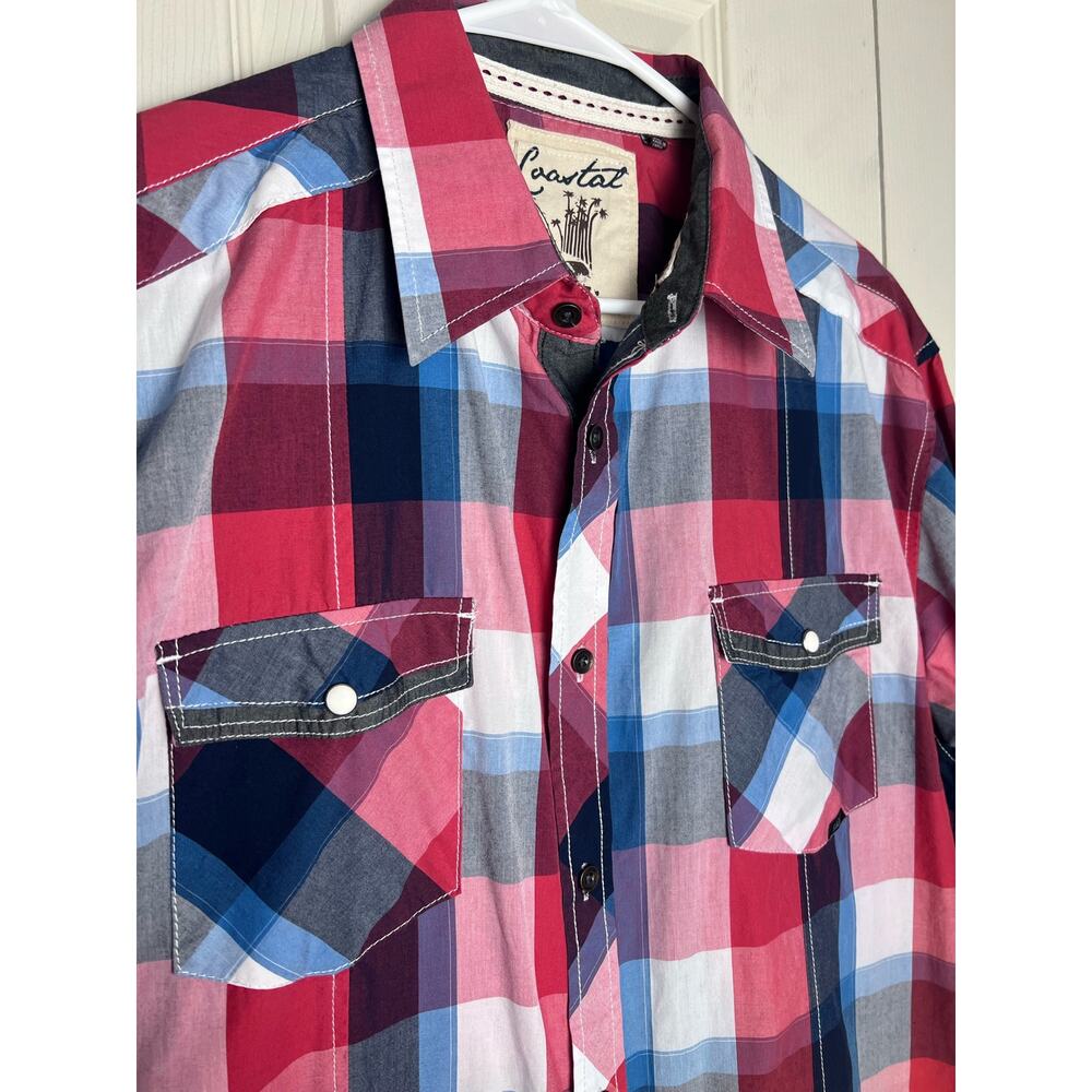 Coastal Men's Red White Blue Plaid Shirt Size XL Short Sleeve Button Up - Picture 2 of 14
